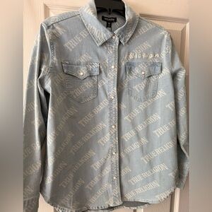 NEW TRUE RELIGION WOMEN'S GEORGIA LONG SLEEVE LOGO DENIM SHIRT